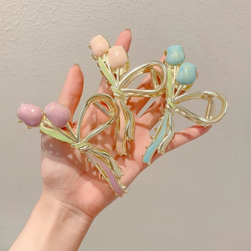 Tulip Flower Hair Clip Back Head Grab Clip For Woman Fashion Ponytail Fixed Hairpins Simple Oversize Shark Clip Hair Accessories