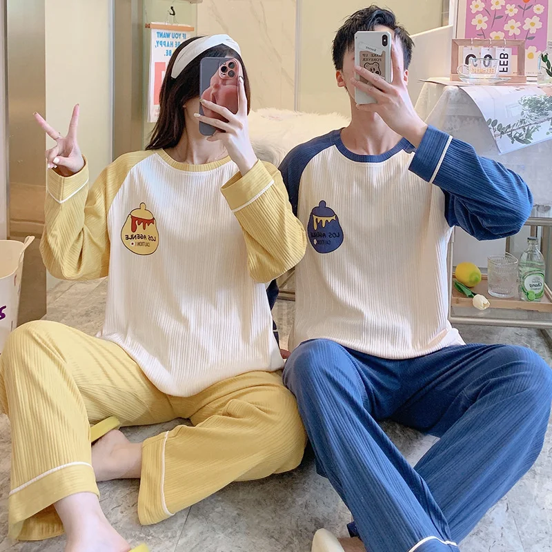 Cute Cartoon Sleepwear Cotton Pajamas Couple Long Sleeves Pajamas Suit Pajama Women Men Lounge wear Plus Size Home Clothe