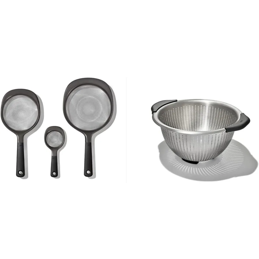 

Good Grips 3-Piece Strainer Set (Black) and Good Grips Stainless Steel 5 qt./ 4.7 L Colander