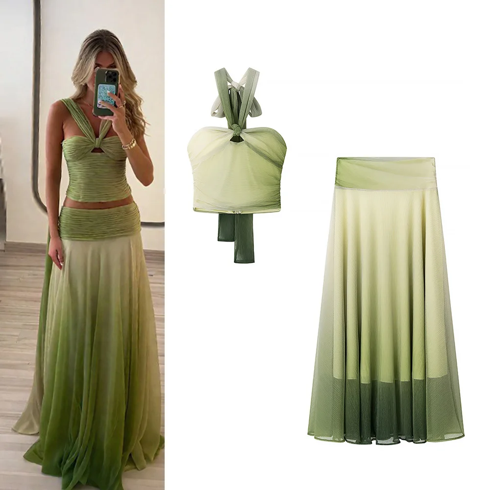 

Лето 2025 г., женский костюм с юбкой, кружевной короткий топ без рукавов с застежкой-молнией на шее + плиссированная длинная юбка трапециевидной формы на талии, модные комплекты