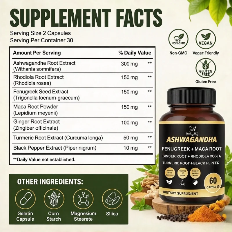 Docteat Ashwagandha Fenugreek Maca Root Capsules with Rhodiola, Stress Mood Focus Energy Vitality Support 60 Count for Adults