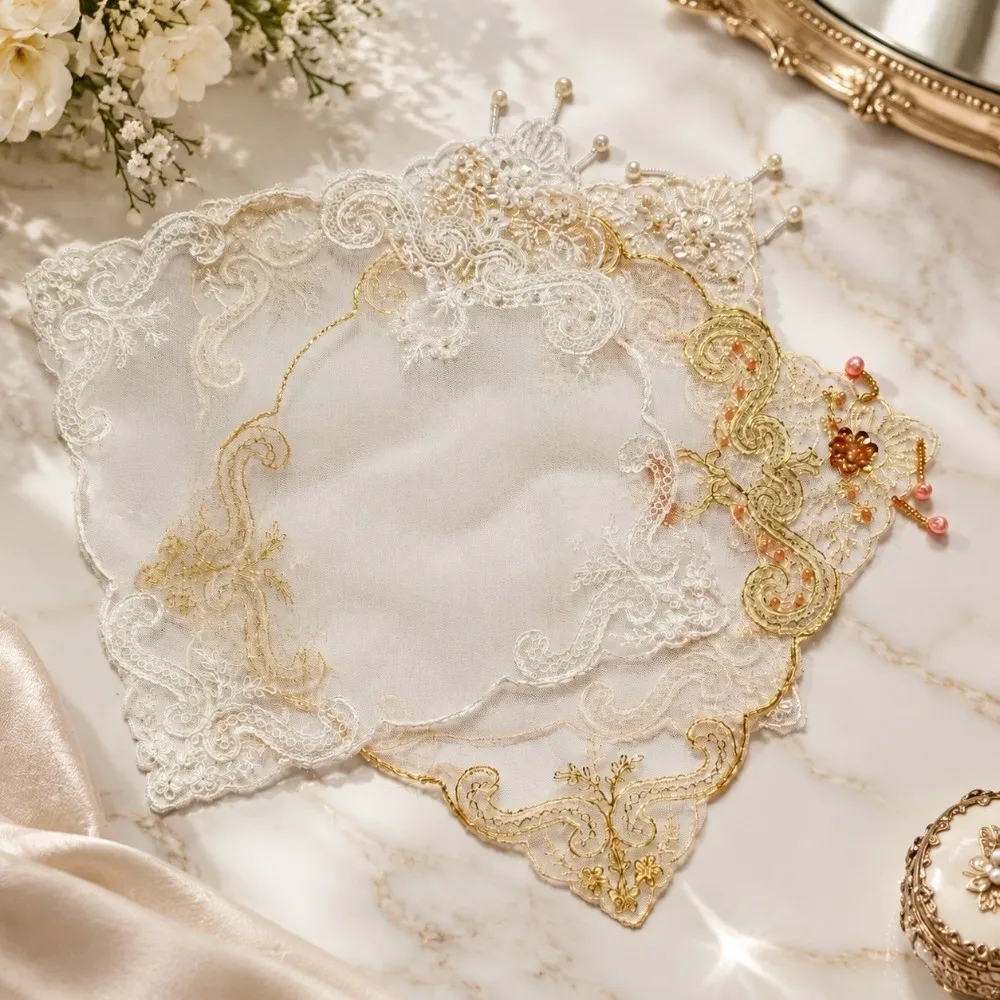 28cm Embroidery Placemats Flower Embroidery Mesh Fabric Decorative Table Mats Square Shape European Style Floral Doily Mats
