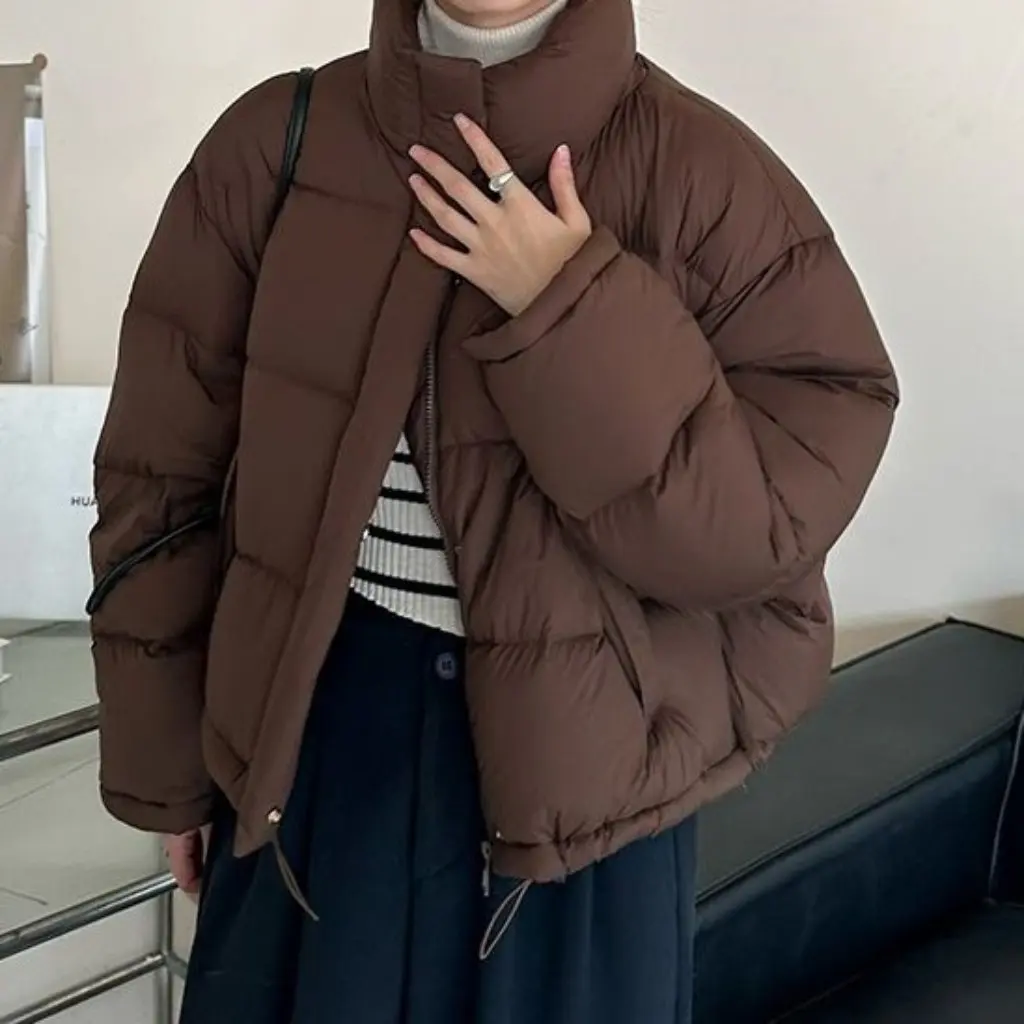 Yellow Cotton Outwear Korean Style Stand Collar Drawstring Loose Short Bread Style Warm Fashionable Winter Women's Top