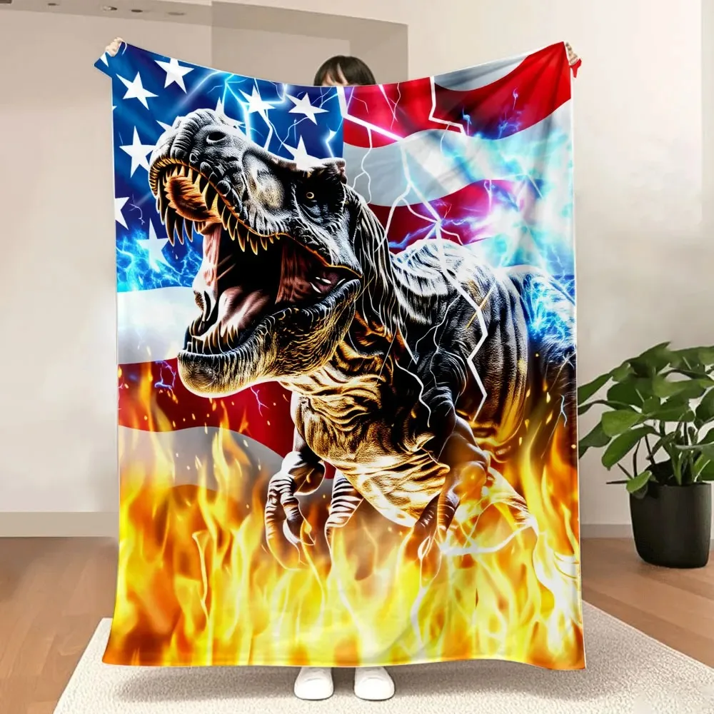 

American Flag Printed Blanket - Fierce Detailed T - rex with Gray/Brown Textured Skin, Bright Yellow/Orange Flames, Electrifi