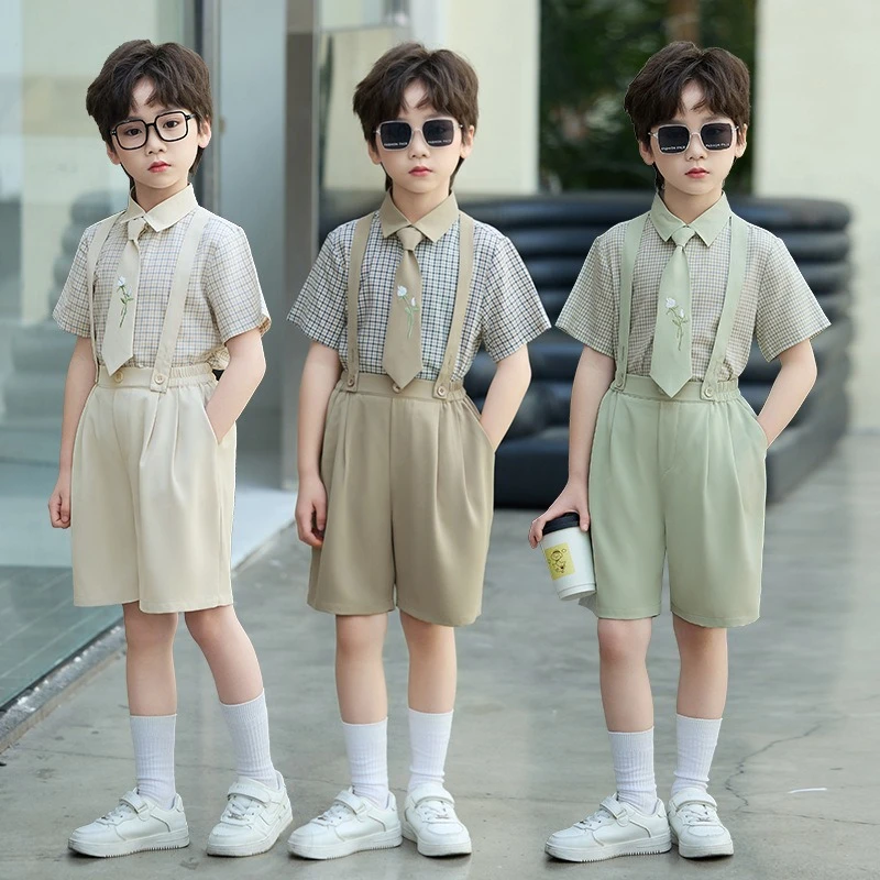 Boys Mint Green Waistcoat Set Plaid Shirt and Back Strap Shorts with Flower Tie Kids Preppy Style Stage Show Birthday Party Wear