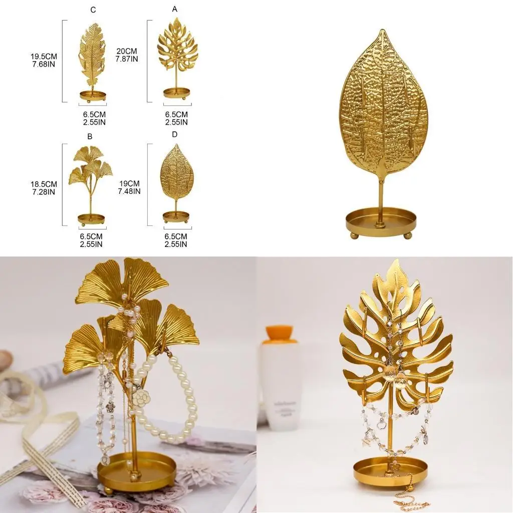 

E8BD Creative European Style Metal Necklace Earrings Jewelry Display Stand Mini Leaf Shape Desktop Jewelry Storage Orname