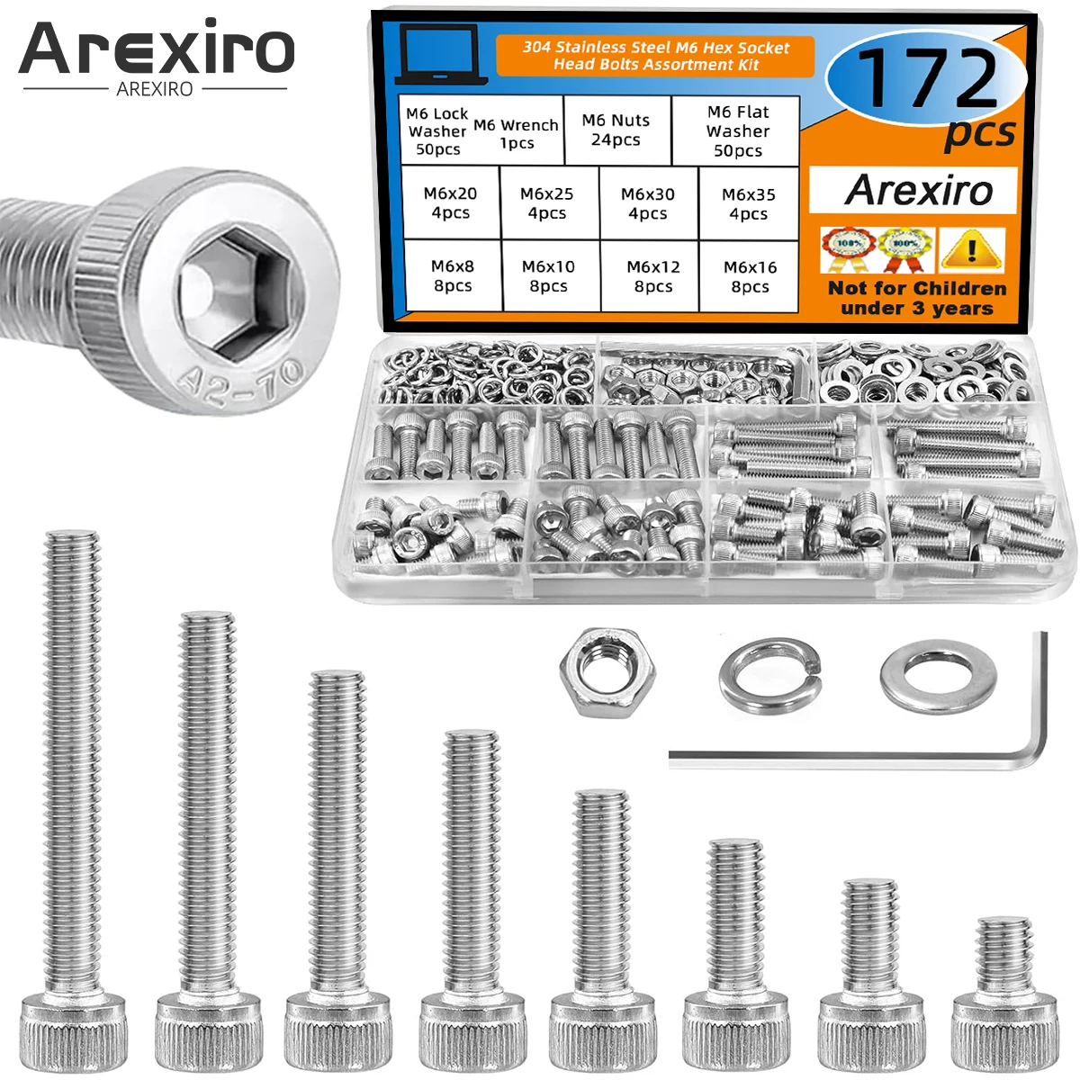 172 قطعة M6 304 الفولاذ المقاوم للصدأ المسمار M6x8/10/12/16/20/25/30/35 مللي متر سداسية المقبس رئيس الترباس مجموعة الجوز قفل مسطح غسالة