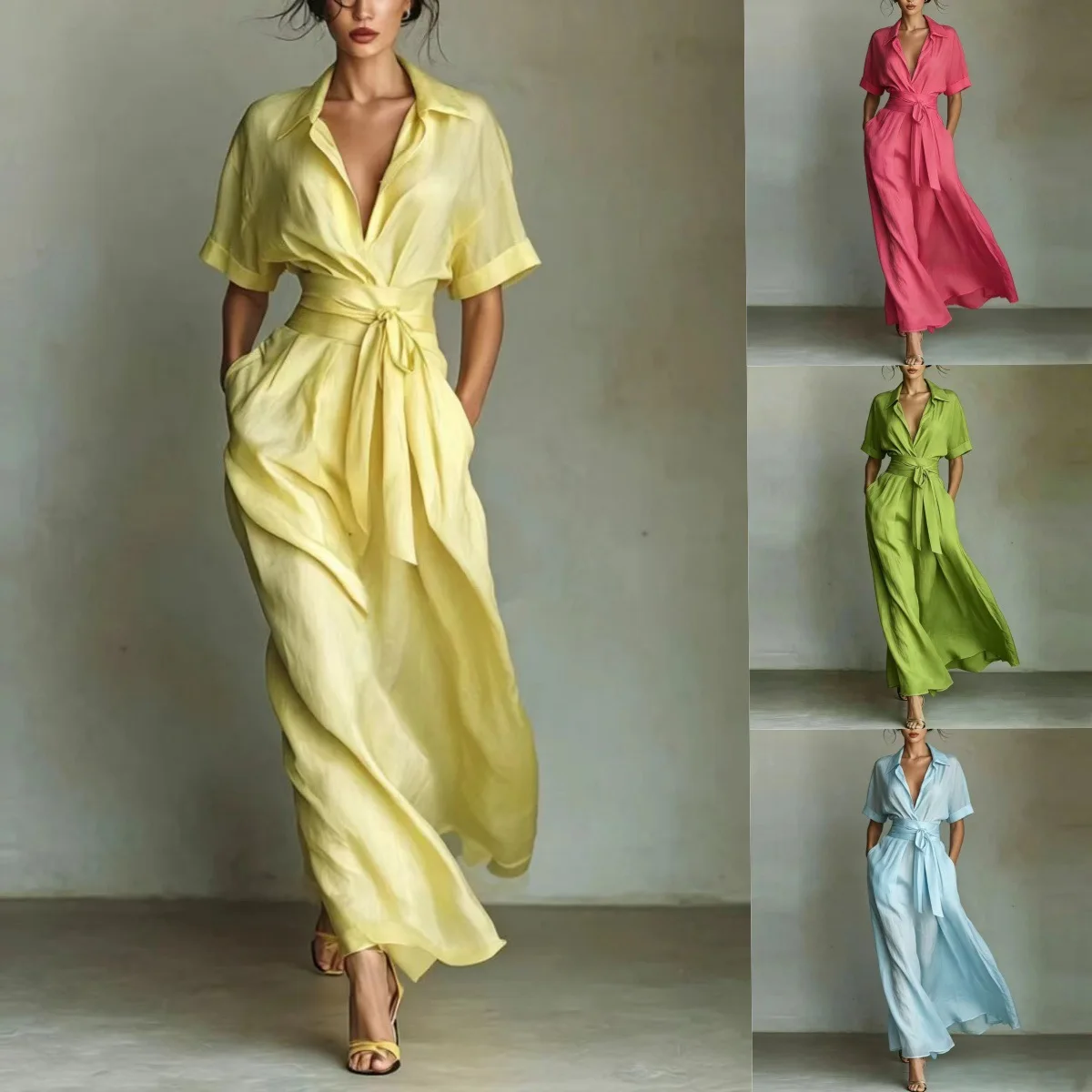 

Bohemian Elegant Lace-up High Waist Long Dress Woman New Turn-down Collar Hollow Party Dress Spring 3/4 Sleeve Pocket Maxi Dress