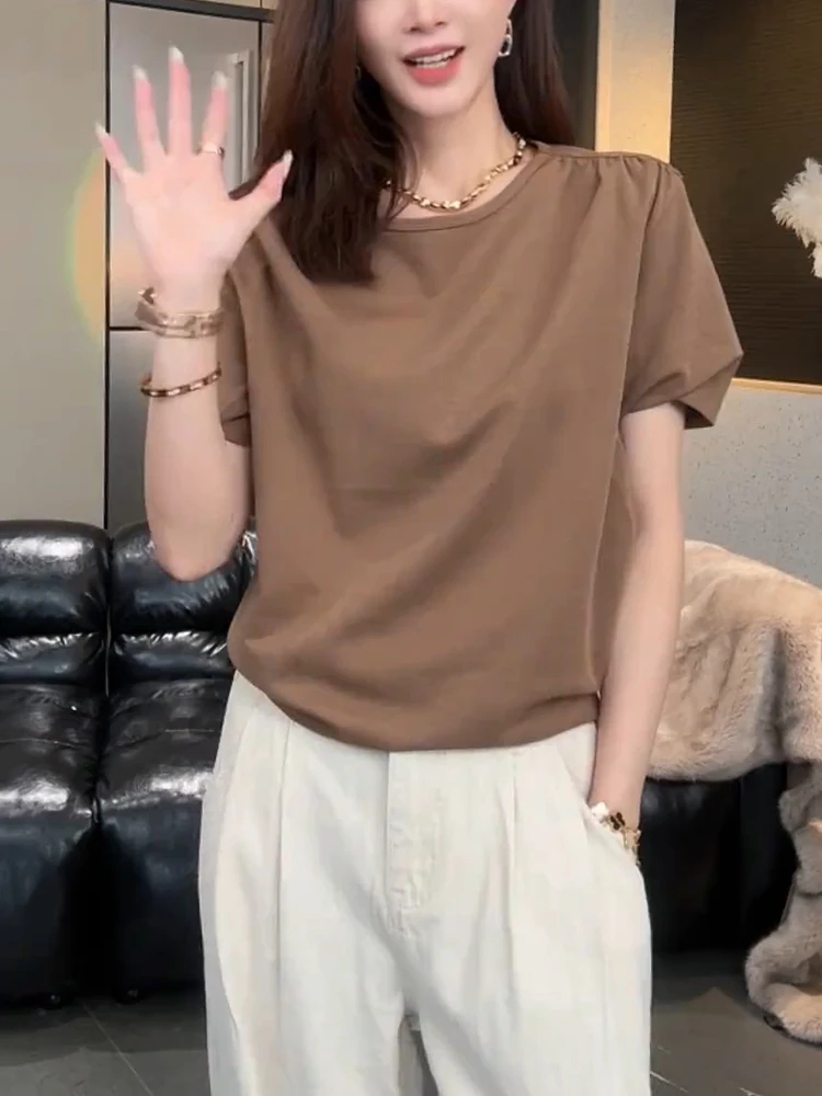 

Faionable плиссированная футболка ort Sve в Корейском стиле для поездок на работу, повседневный ветровой женский летний топ большого размера Ele Simple