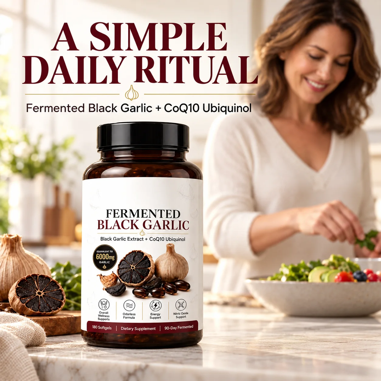Black Garlic Extract with CoQ10 Ubiquinol & Vitamin K2 MK7, Energy & Wellness Support, 180 Softgels, 90-Day Fermented Supplement