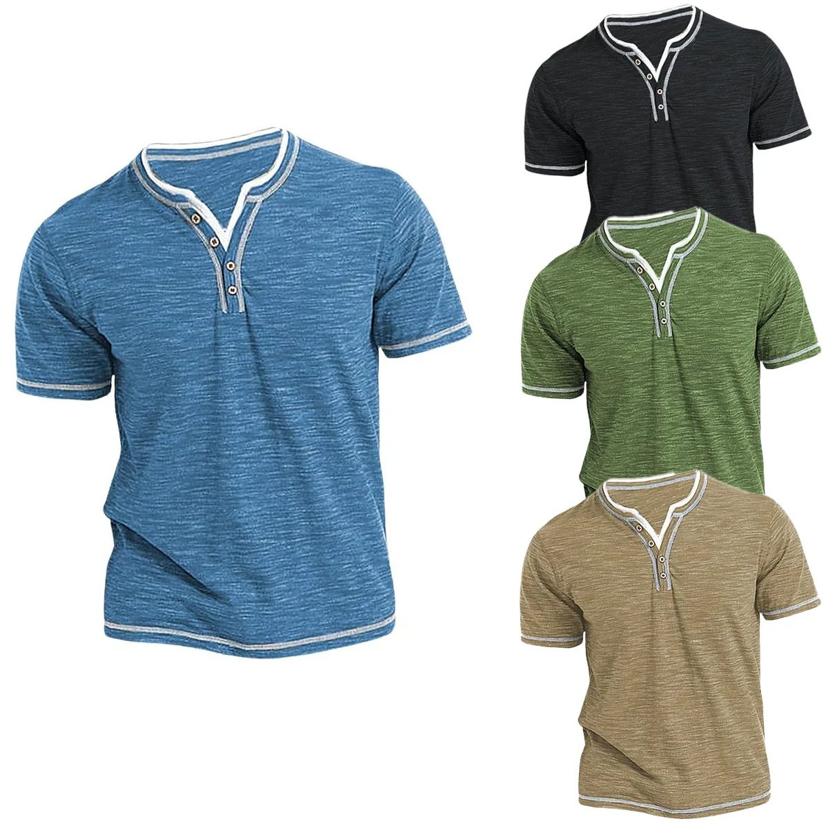 Men's Henley Short‑Sleeve T‑Shirt, Contrast Piping Trim Notch Neck 3-Button Placket Casual Slim Fit Summer Daily Tee Tops