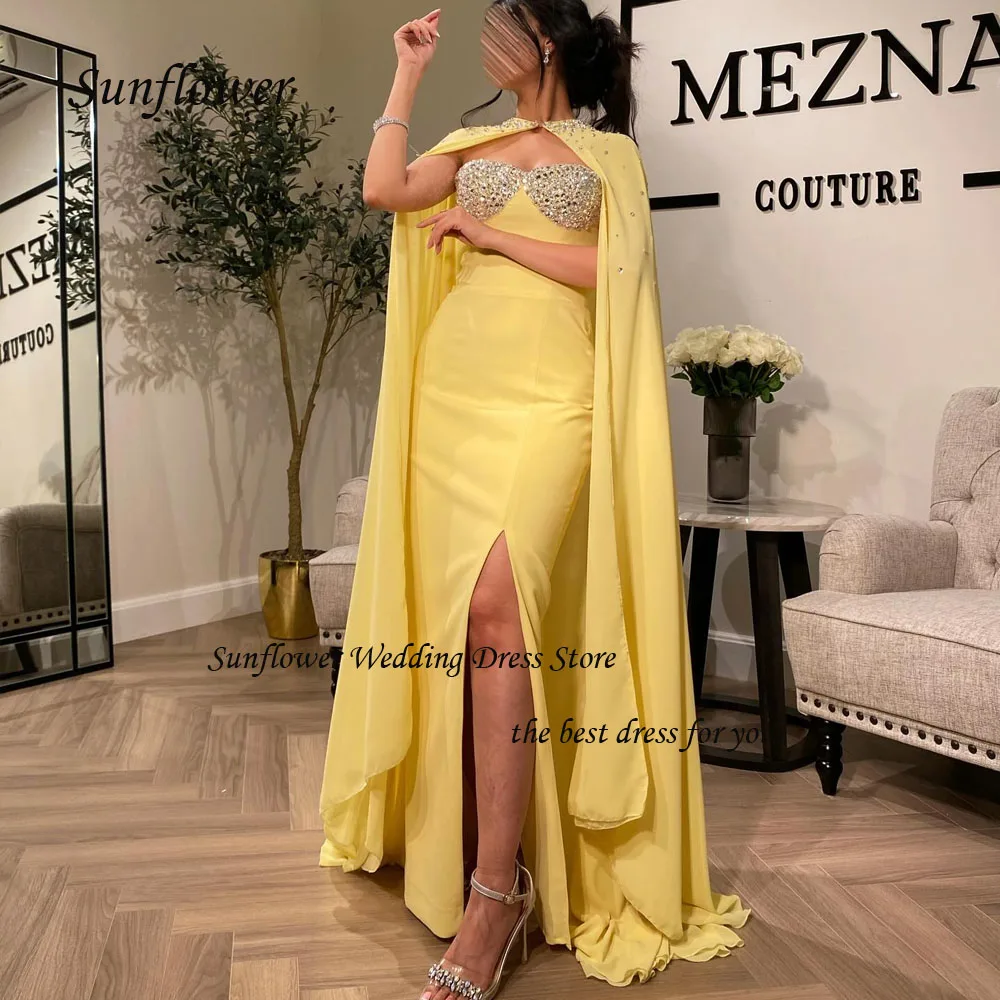 Sunflower Strapless Beading Mermaid Evening Dresses Saudi Arabia Slim Crepe Sleeveless With Cope Occasion Dresses Party Gowns