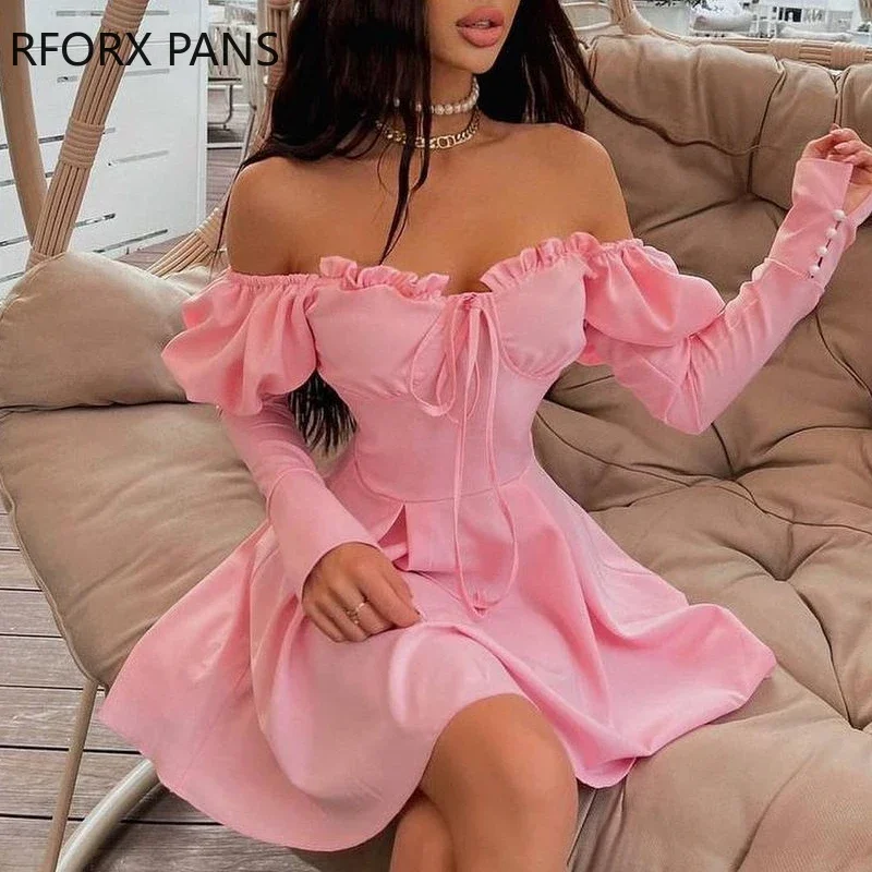 Women Solid Off   Shoulder Frill Hem Strappy Mini Party Sexy Dress