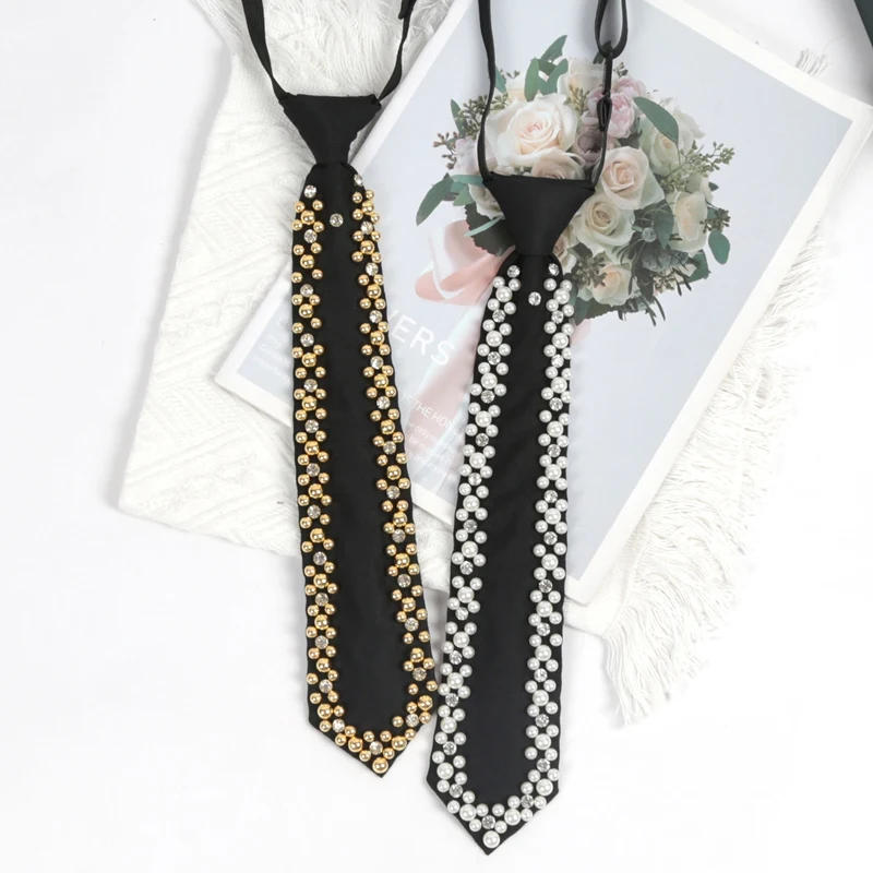Women Popular Shining Pearl Tie Trend Style Girls Temperament Clothing Handmade Beaded Necktie Cosplay Lolita Punk Accessories