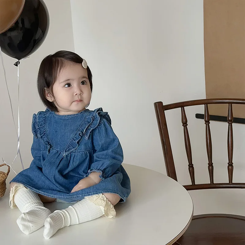 Vestido jeans de babados de manga comprida para bebês, lindo vestido de princesa, criança infantil, roupas infantis, novo, outono, 2022