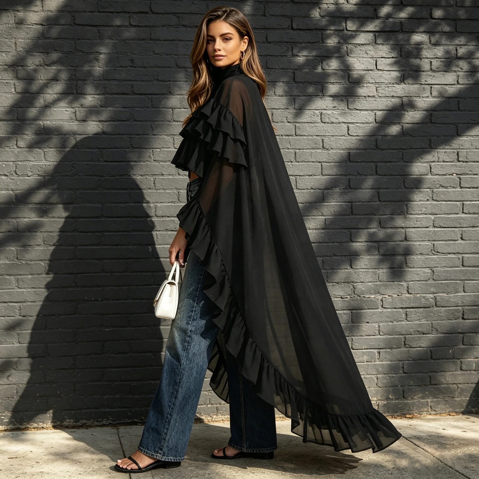 Damen Transparenter Mesh-Poncho mit Mehrlagigen Rüschen, Rollkragen, High-Low-Schnitt, Fließender Oberteil, Lockerer Strand-Cover-up, Capelet für Party und Club