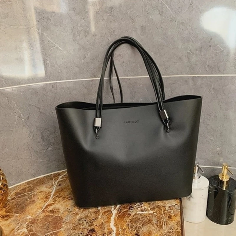 New Shoulder Bag Retro PU Leather Shopping Bag for Women Girl Solid Color Tote Large Capacity Fashion Simple Handbag