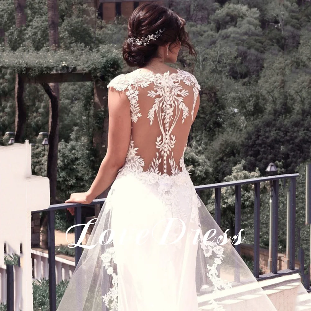 Boho O-Neck Mermaid White Wedding Dress Lace Appliques Short Sleeve Sexy Backless Bride Gown Button Court Train Robe Customized