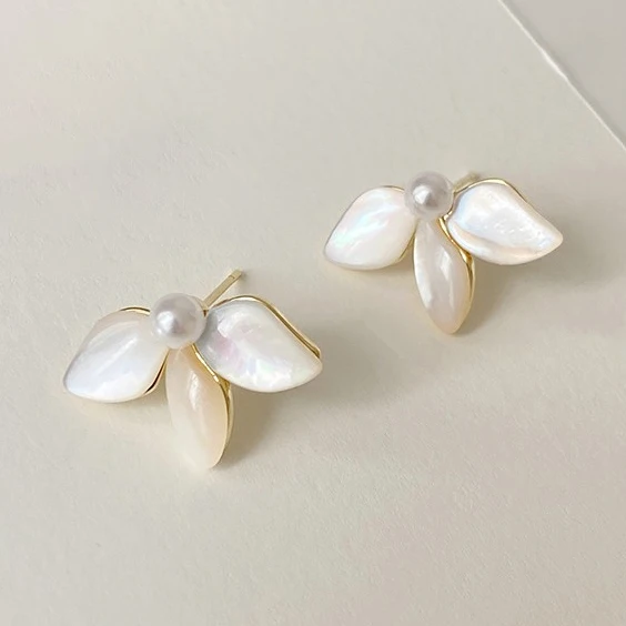 PONYKISS 925 Sterling Silver Needle Pearl Shell Flower Stud Earrings for Women Minimalist Cute Fashion Jewelry Plant Accessories