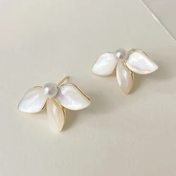 PONYKISS 925 Sterling Silver Needle Pearl Shell Flower Stud Earrings for Women Minimalist Cute Fashion Jewelry Plant Accessories