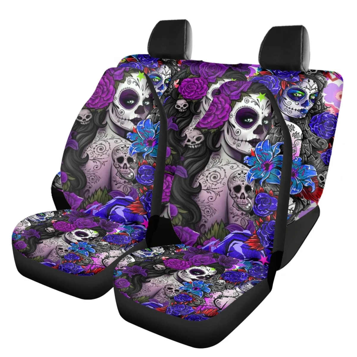 

Sugar Skull Girls Halloween Universal Car Seat Cover Four Seasons For SUV Front Rear Flocking Cloth Cushion Fishing Gothic Rose