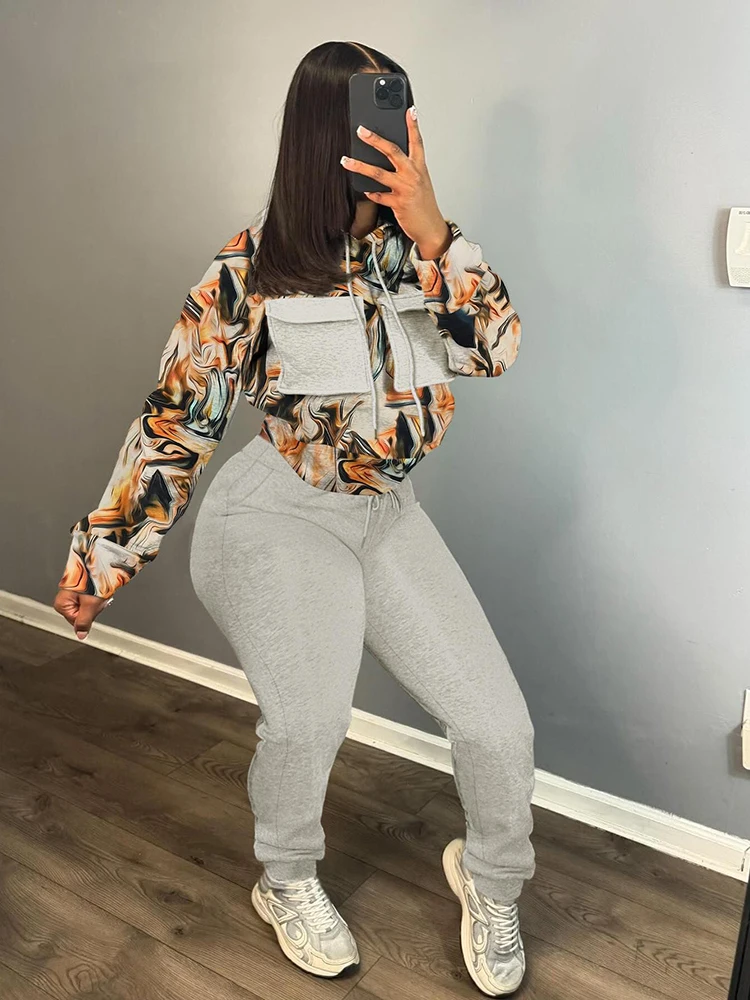 LW Autumn Pants Set Women Casual Mixed Print Pocket Hoodie Pullovers Drawstring Sweatpants Trousers 2 Piece Sets Women Outfit