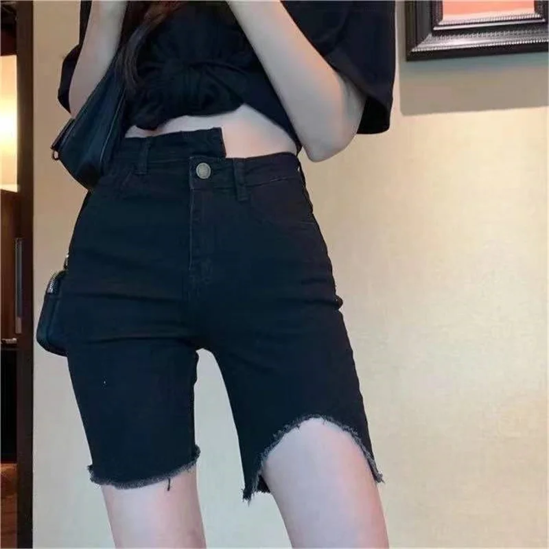 High Waist Elastic Black Shorts Women's Summer Slim Fit Casual Pants Cleanfit Style Five Inches Long PVC Material