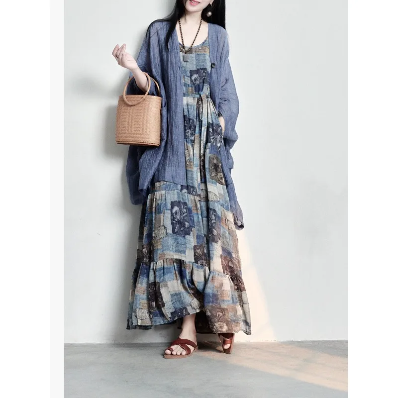 Vestido de linho de algodão com estampa solta, design artístico original, moda verão, saia longa feminina, gola redonda, vestido fino n881