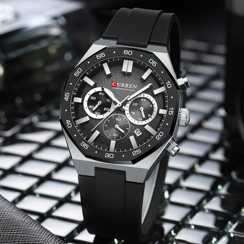 CURREN8489 Men's Sports Chronograph Wristwatch with Black Silicone Band Auto Date Luminous Hands 82g Light Quartz Watch for Men