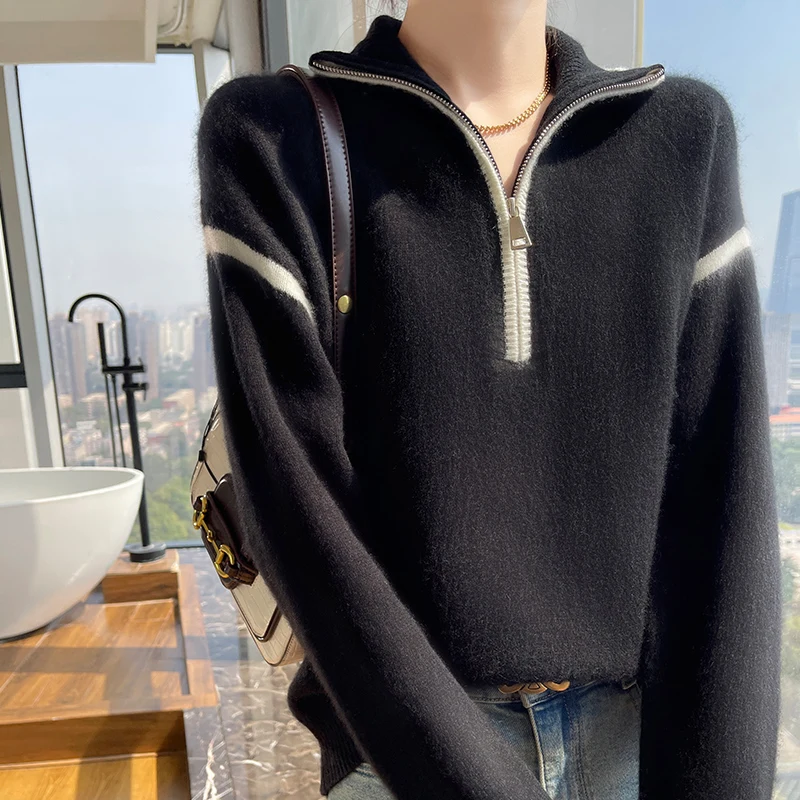 Winter new women\'s sweater 100% Merino wool sweater thick turtleneck half zipper pullover color matching cashmere sweater top.