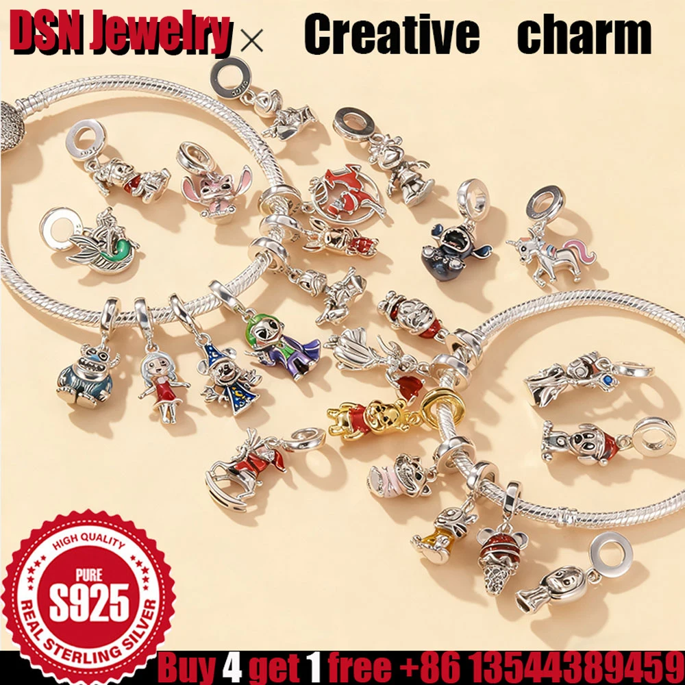 

DSN 925 Silver Charm Stitch Mickey Winnie the Pooh bead for bracelet pendant female luxury Jewelry accessories Christmas gift