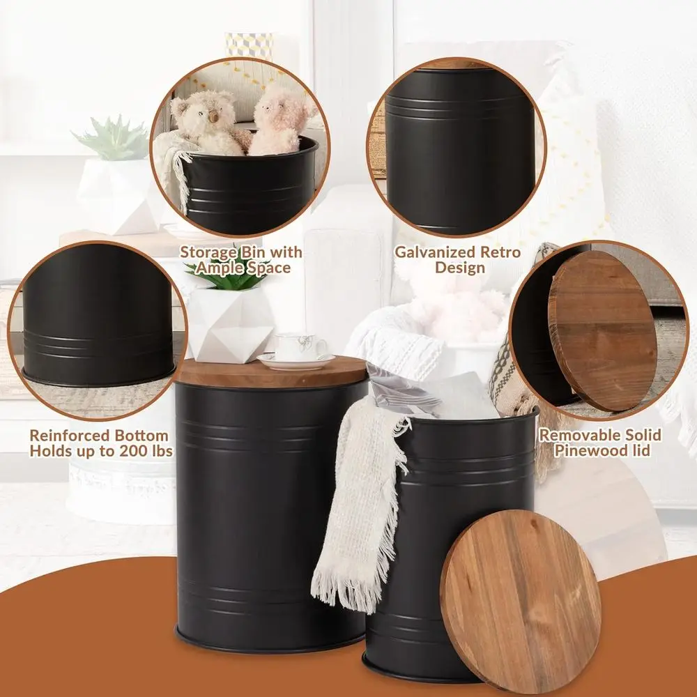 Pair of Galvanized Metal and Wood-Top Farmhouse Side Tables, Storage Coffee Table Stool for Living Spaces in Black