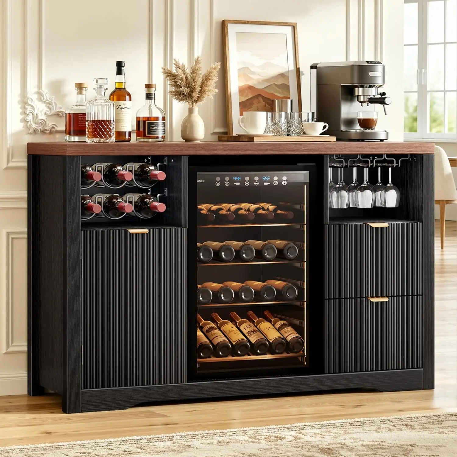 Mueble de Barra para Café con Espacio para Refrigerador, Gabinetes de Cocina para Vino de 53 Pulgadas de Largo con Cajón de Almacenamiento, Aparador de Madera, Personalizable