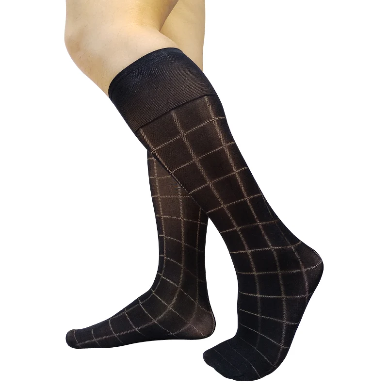 See Through Mens Dress Suit Socks Black Sheer Plaid Knee High Long Tube Sexy Stocking For Male Formal Socks Business Gifts