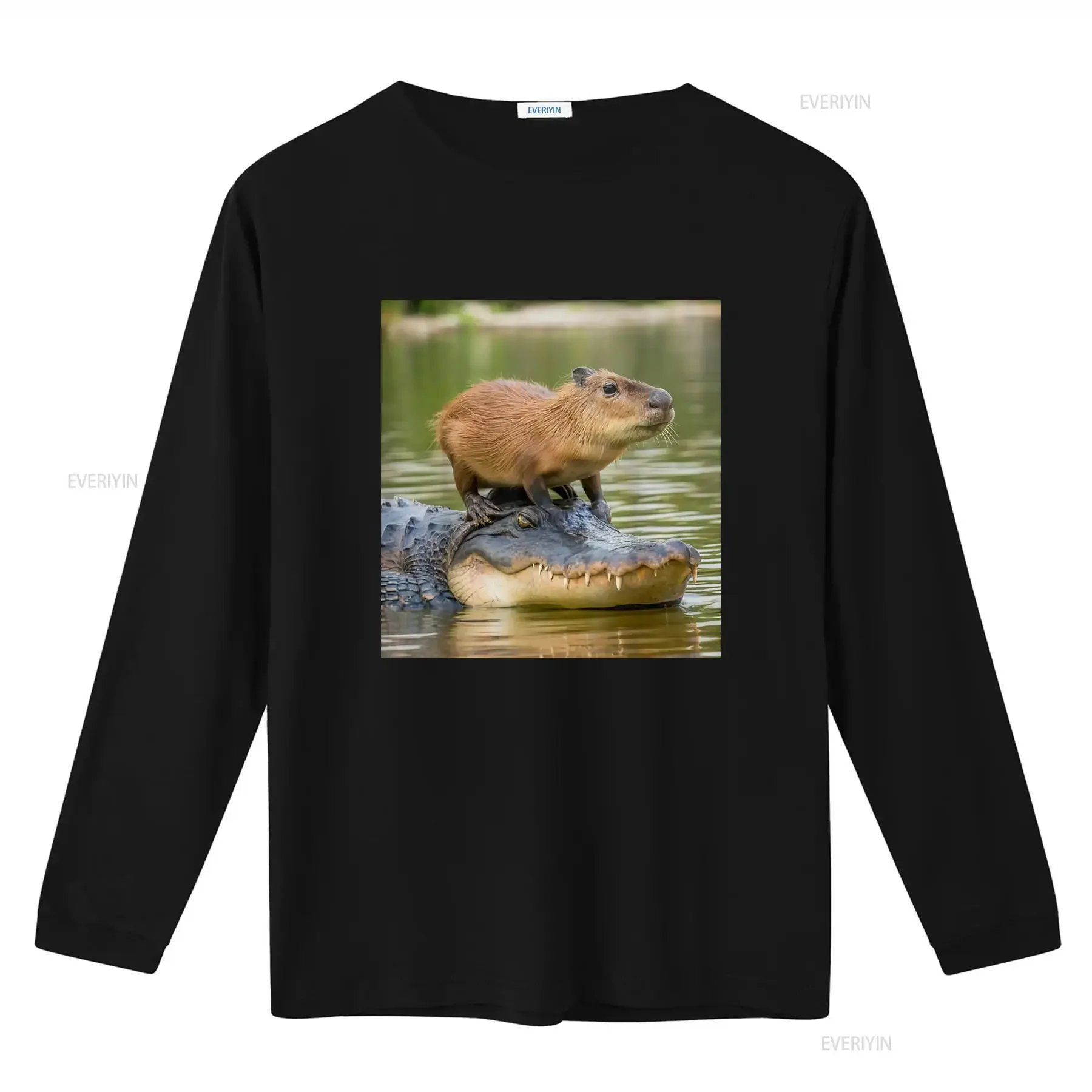 Funny Capybara Meme On Alligator Print T Shirt Black Cotton Sizes S 5XL vintage Washed designer clothes graphic Unisex