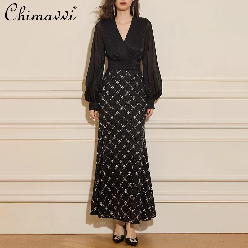 프랑스 우아한 사교계 여성용 이브닝 드레스 V넥 긴팔 패치워크 하이웨이스트 플래드 다이아몬드 롱 파티 드레스 여성 여름용