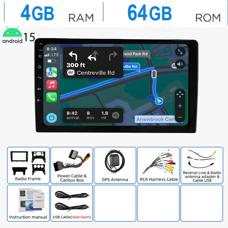 ESSGOO Android 15 Autoradio 9" 4+64 GB voor Peugeot 3008 5008 2009-2016 GPS Navigatie WiFi Draadloze CarPlay Android Auto Bluetooth RDS Mirror Link CANBUS FM Stuurwielbediening 2+32 GB Android 14