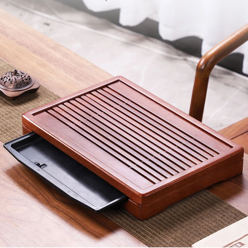 Household Solid Wood Rosewood Small Rectangular Tea Tray Kung-Fu Set Bamboo Table Water Storage Type Drawer