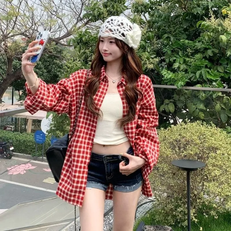 Spring Autumn Women's Shirt Polo Collar Outerwear Elegant Office Blouse Retro Red Plaid Casual Long Sleeve Lazy Style Top