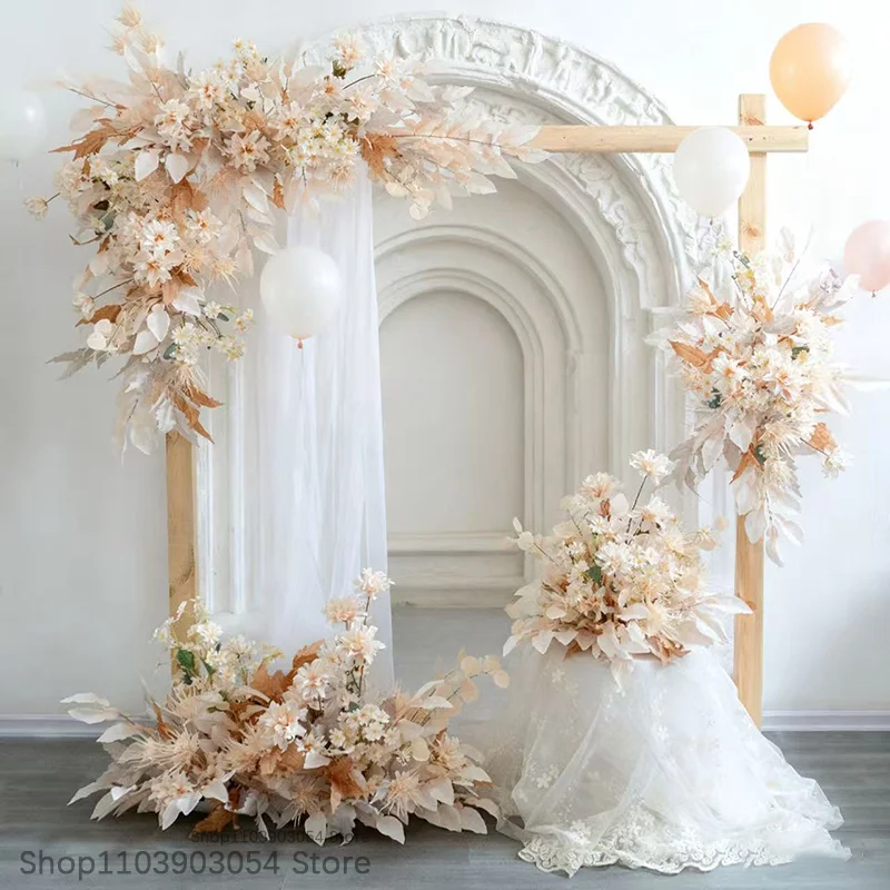 

5D Light colour Champagne Artificial Flowers Wedding Decor Hanging horn Flower Row Welcome Background Props Road Leading Flower