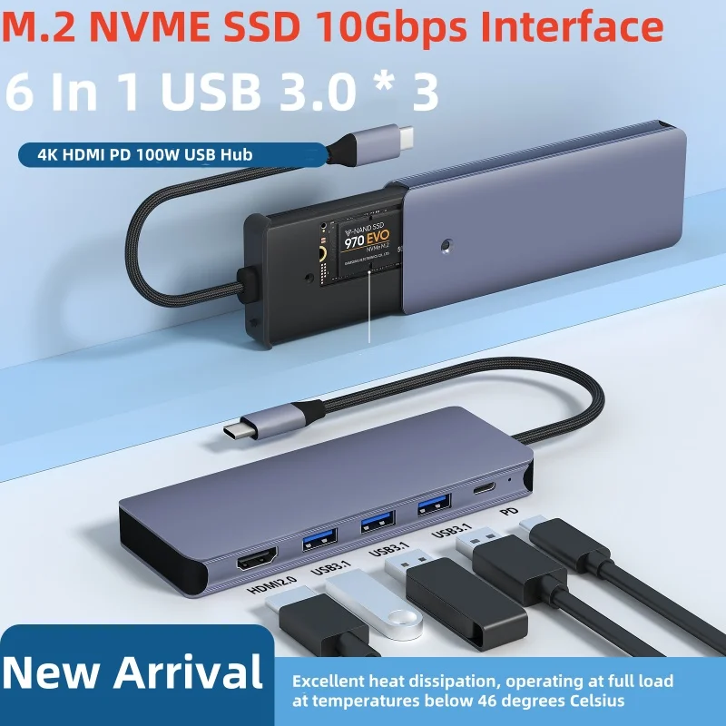 New USB C Splitter Hub M.2 NVME SSD 4K HDMI-compatible USB 3.0 10Gbps Adapter High Heat Dissipation HUB Expander For PC Laptop