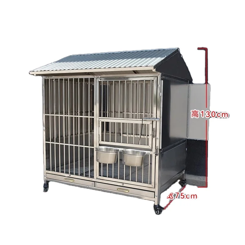 Factory Price  Silver Stainless Steel Dog Kennel Crate with Feeding Bowl Pull Tray Windproof Dog House