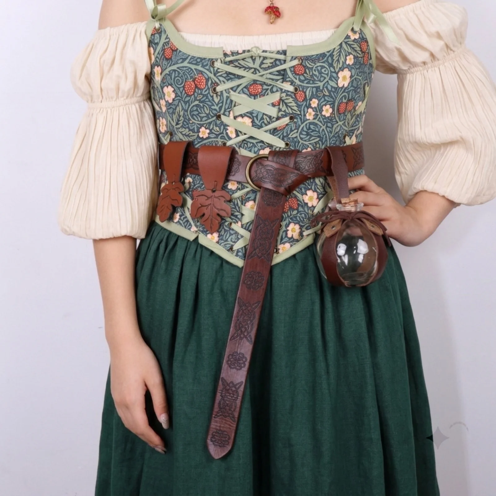 Medieval Festival Costume Accessories Vintage Leather Belt Leaf Shaped Skirt Clips Glass Magic Potion Bottle Cosplay Props
