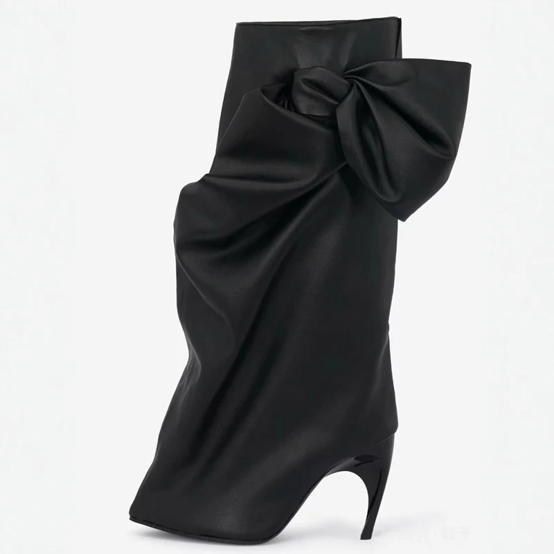 Black Big Bow Shaped Heel Mid-Calf Boots Woman 2026 Pointed Splicing Sleeve Pleats High Heel Boots Fashion Party Dress Boots