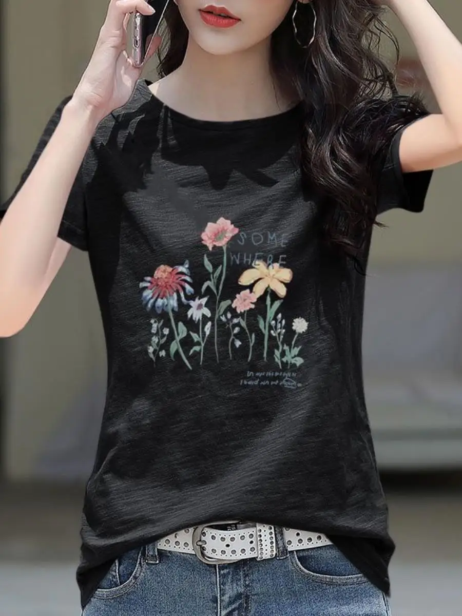 summer-dopaamine-korean-version-new-bamboo-cotton-t-shirt-loose-slimming-print-versatile-short-sleeve-round-neck-three-piece-set