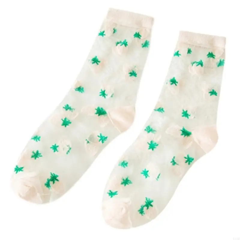 Y3NE Women Summer Mesh Socks Sweet Strawberry Glass Transparent Hosiery