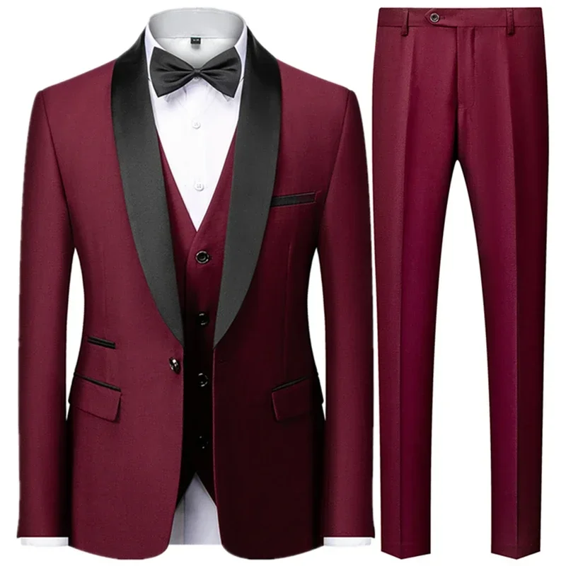 Conjunto de Blazer Color Vino Tinto para Hombre, Traje de Tres Piezas para Boda, Talla Grande, Blazer, Pantalones y Chaleco, Negro, Corte Entallado, a la Moda