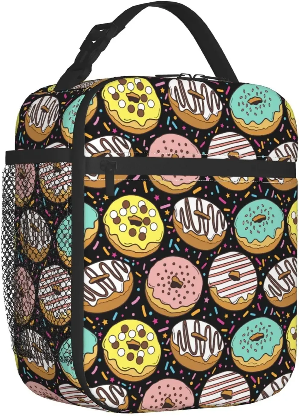 Cute Donut Durable Reusable Lunch Bag Insulated Lunch Cooler Tote Bag with Side Pocket For Women Men Work Office Beach Picnic