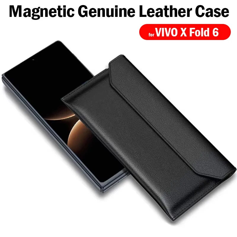 

For VIVO X Fold 6 Case Genuine Leather Magnetic Cowhide Sleeve Wallet Protection Folding Holster Pouch Bag Funda Capa Cover