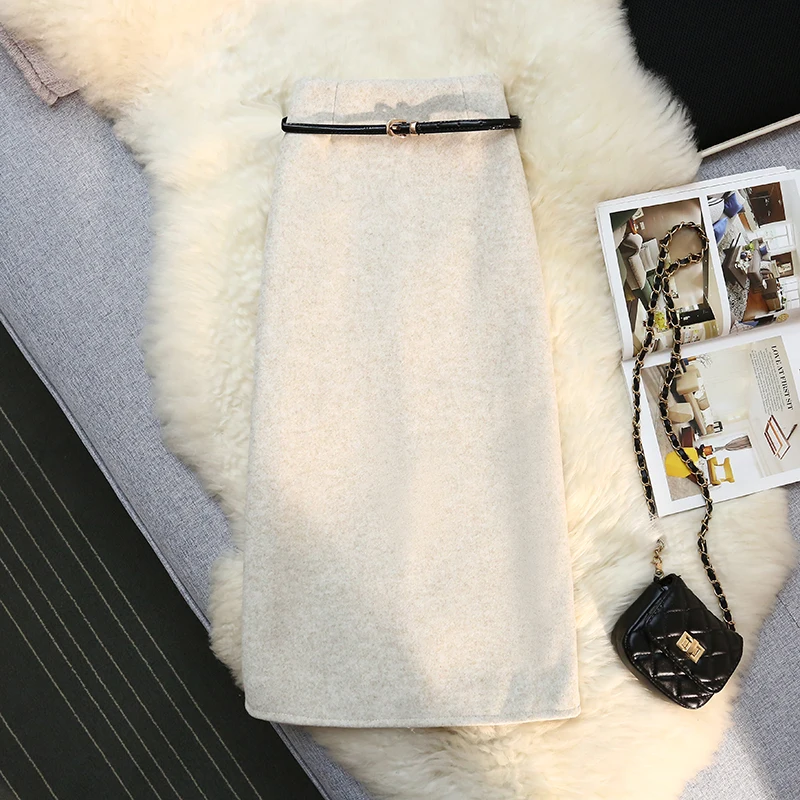 تنورات متوسطة الطول من الصوف ملفوفة بالبحر للنساء ، تنورات مستقيمة أحادية اللون بخصر مرتفع للمكتب ، موضة جديدة ، الخريف والشتاء ، سيدة #2